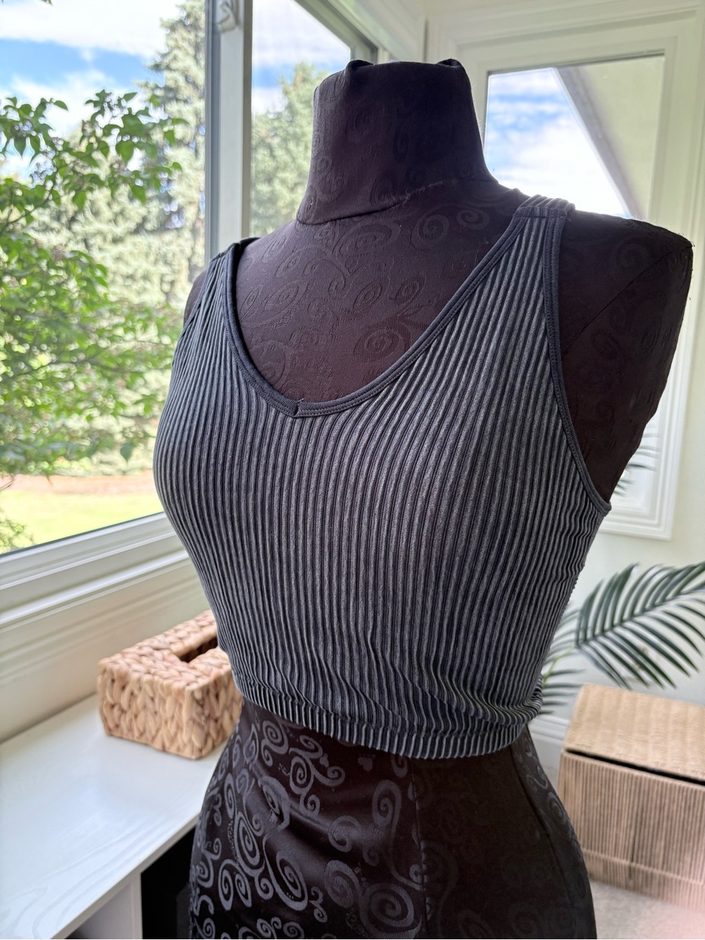 Source Unknown Ribbed Tank Crop Top - Charcoal Black